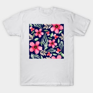 Pink Flowers | Watercolor | Pattern | Blue T-Shirt